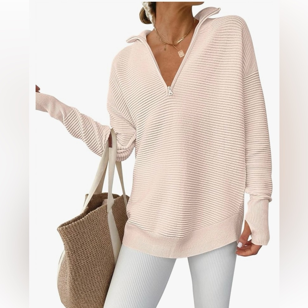 Chic Beige Striped Quarter-Zip Sweater